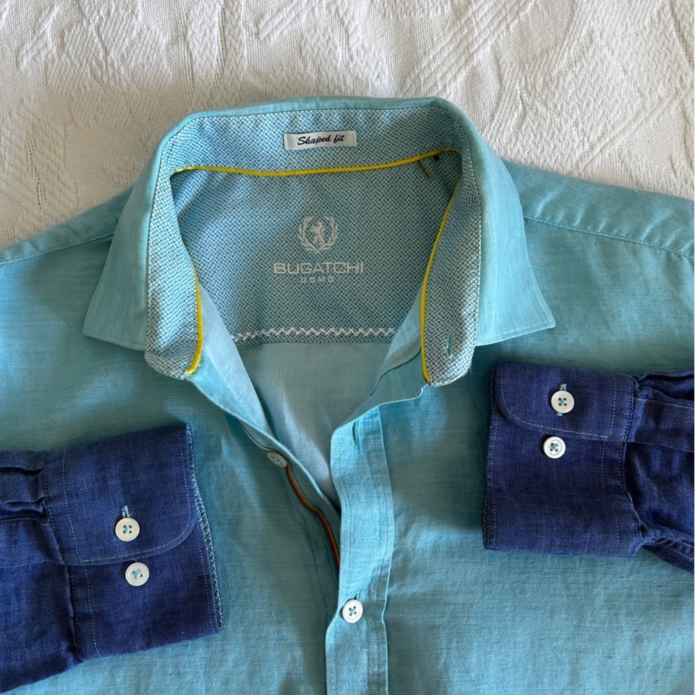 Bugatchi men’s Medium Uomo Ombre Blue Button up Shirt Long Sleeve  Linen Blend